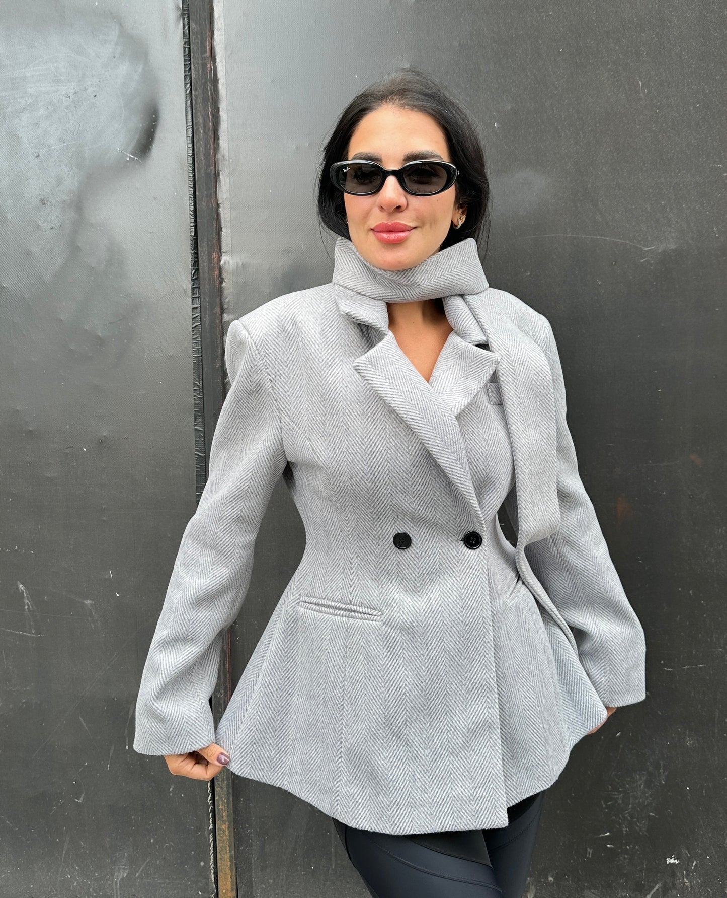 Blazer, Double-breasted, Flared Hem, Detachable Scarf - Light Grey -Felt Fabric