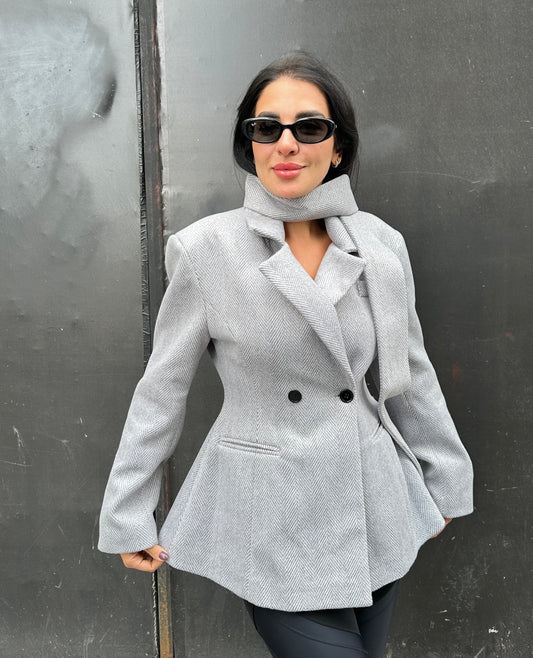 Blazer, Double-breasted, Flared Hem, Detachable Scarf - Light Grey -Felt Fabric