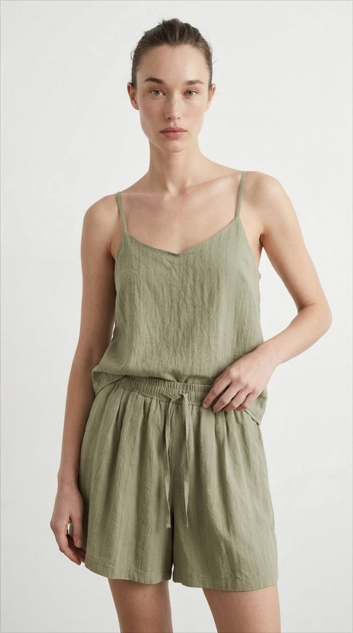 Maya Textured Linen-Blend Cami & Short Set