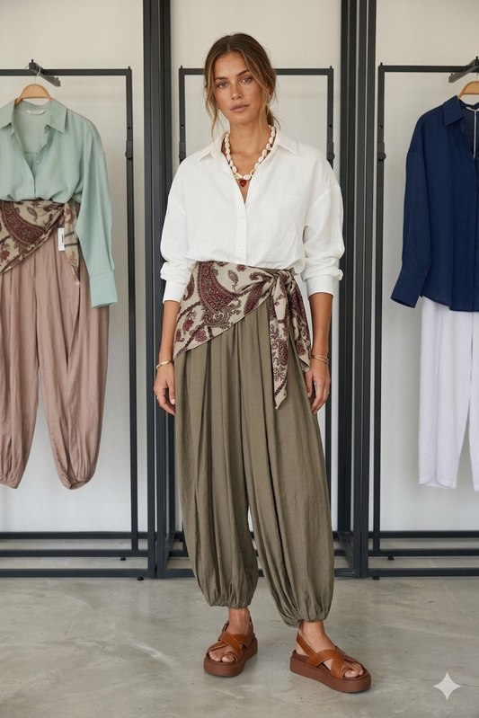 The Mediterranean Foulard-Waist Joggers pant Green Color