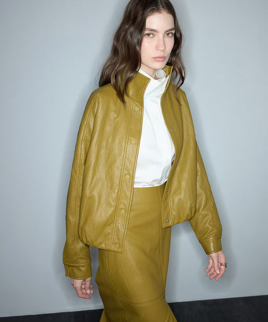 Ipekyol Elastic-Hem Real Leather Funnel Neck Jacket – Olive Green