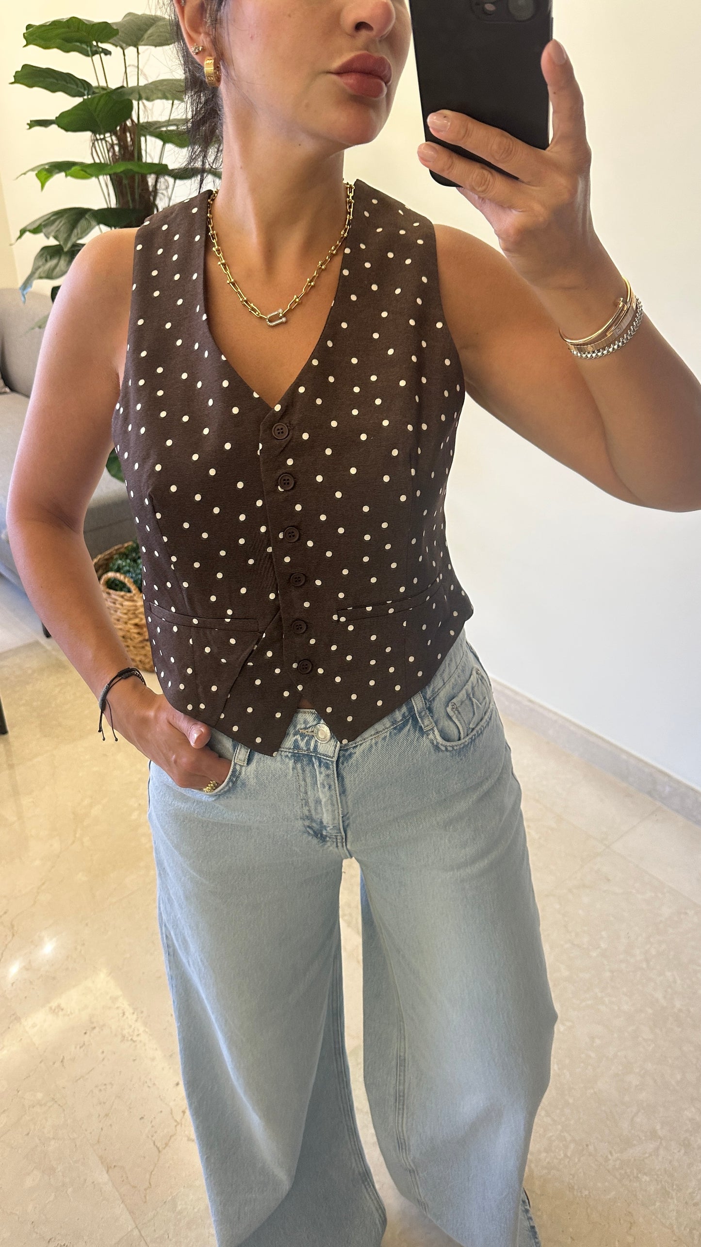 Clara Polka Dot Cross-Back Vest - Brown Color -