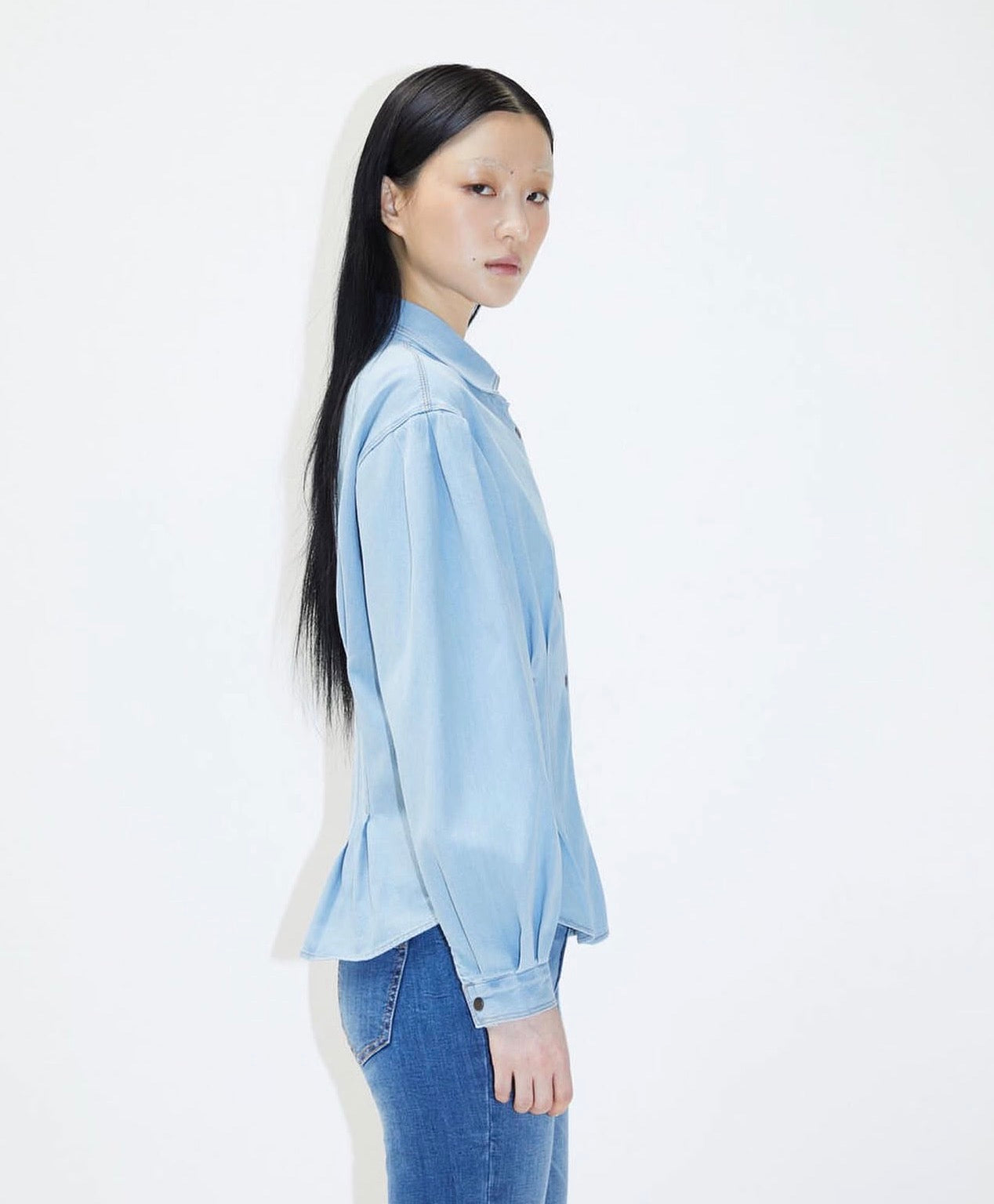Light Wash Pleated Denim Blouse with Bishop Sleeves
