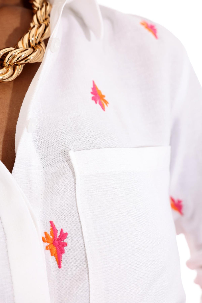 Embroidered Sunburst Linen Shirt White Color