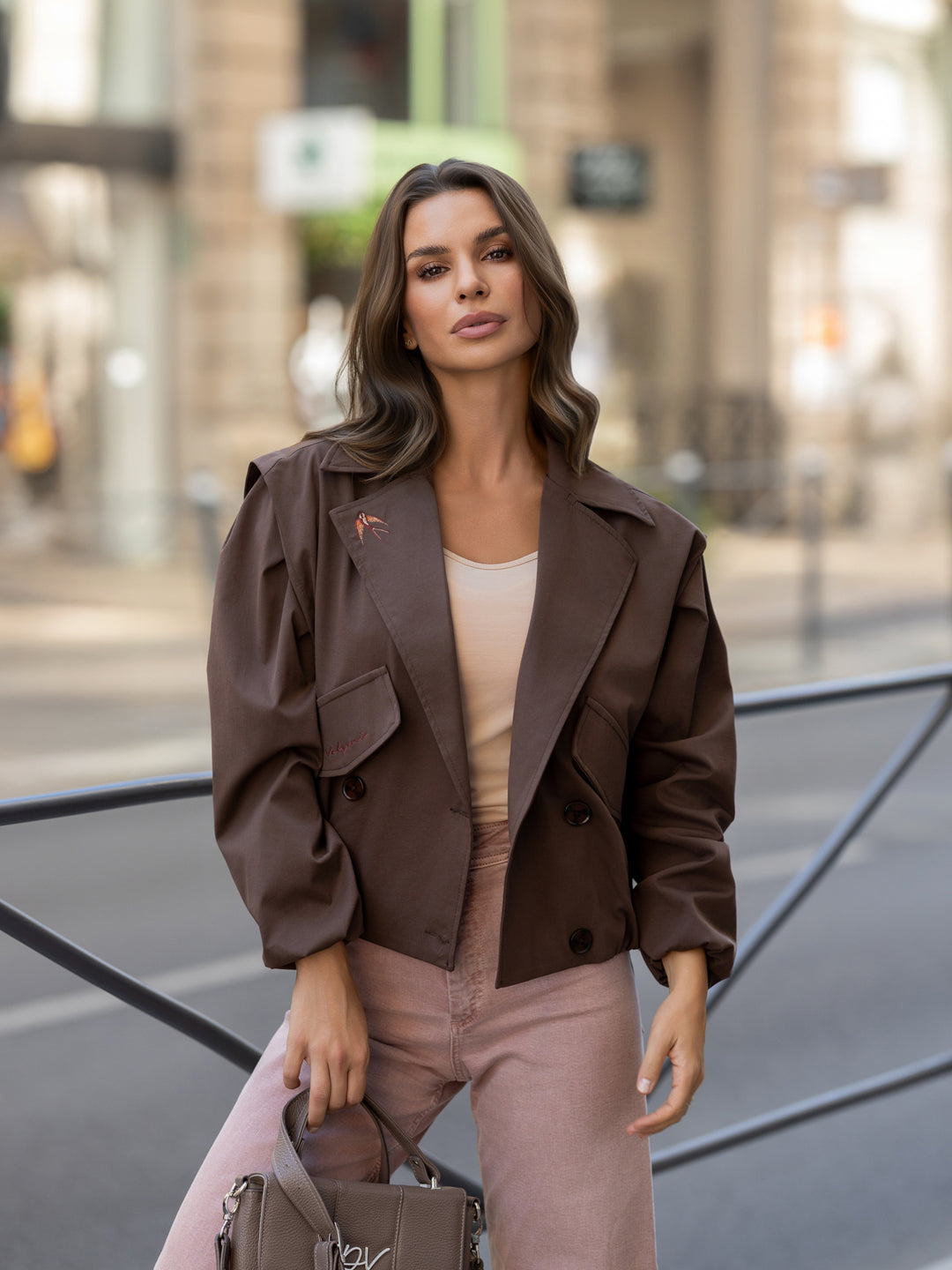Cropped Double-Breasted Trench Jacket in Mocha Brown