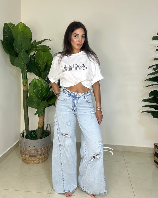 Ripped Wide Leg Jeans - Denim