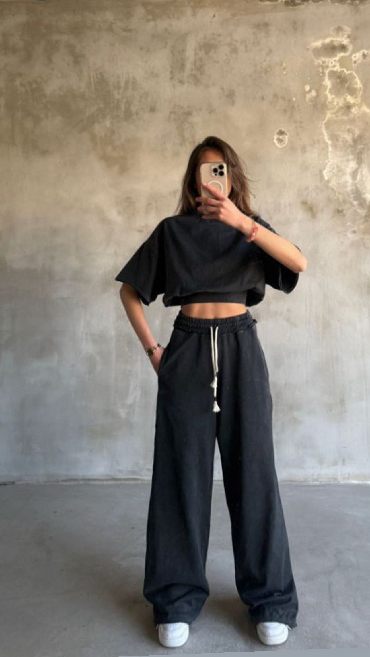 Cropped Tee & Wide-Leg Pants Set – Black Grey Color
