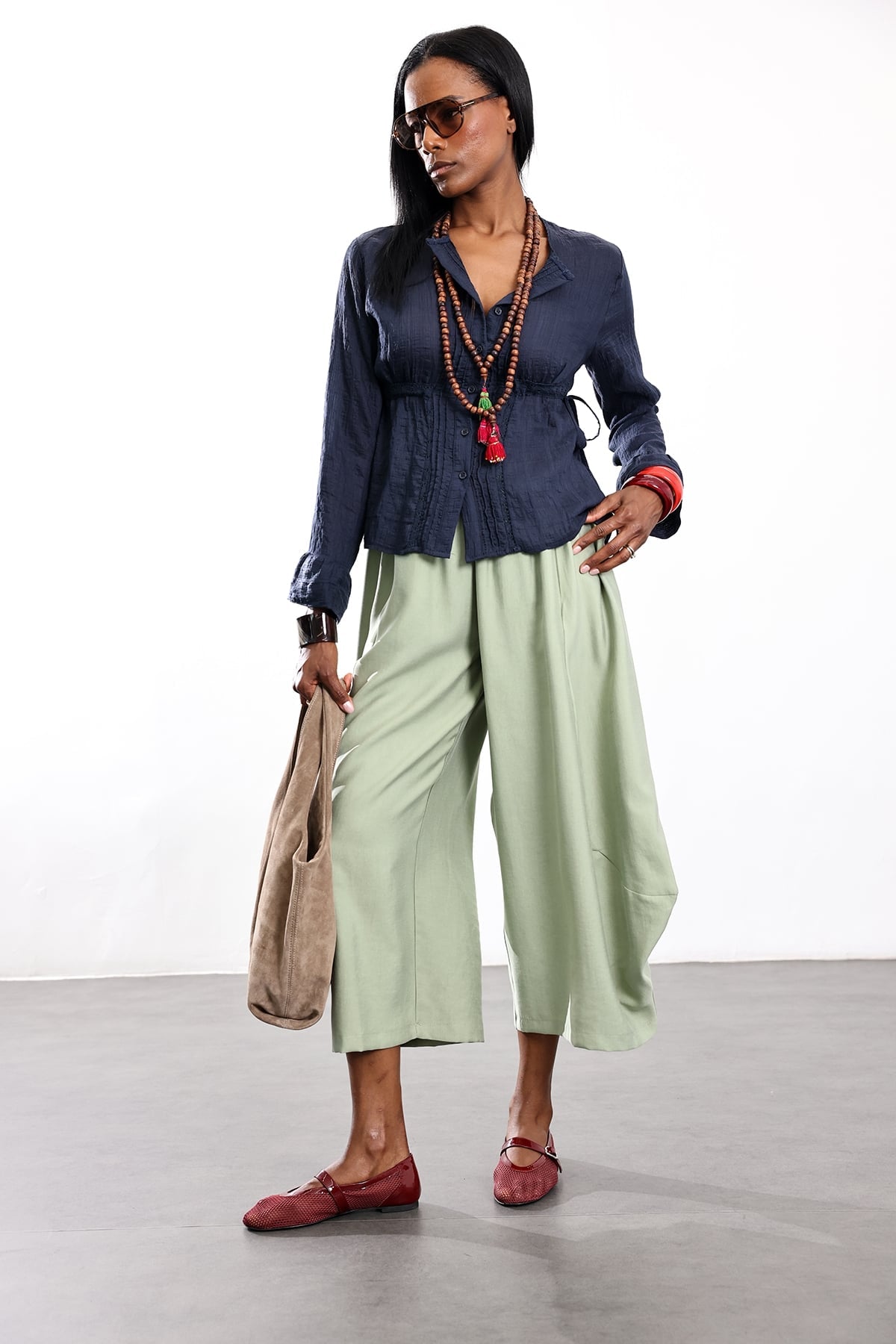 Olive Sage Curved-Silhouette Pants