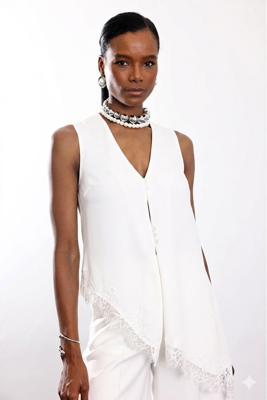 The Asymmetric Lace-Trimmed Vest -White Color-