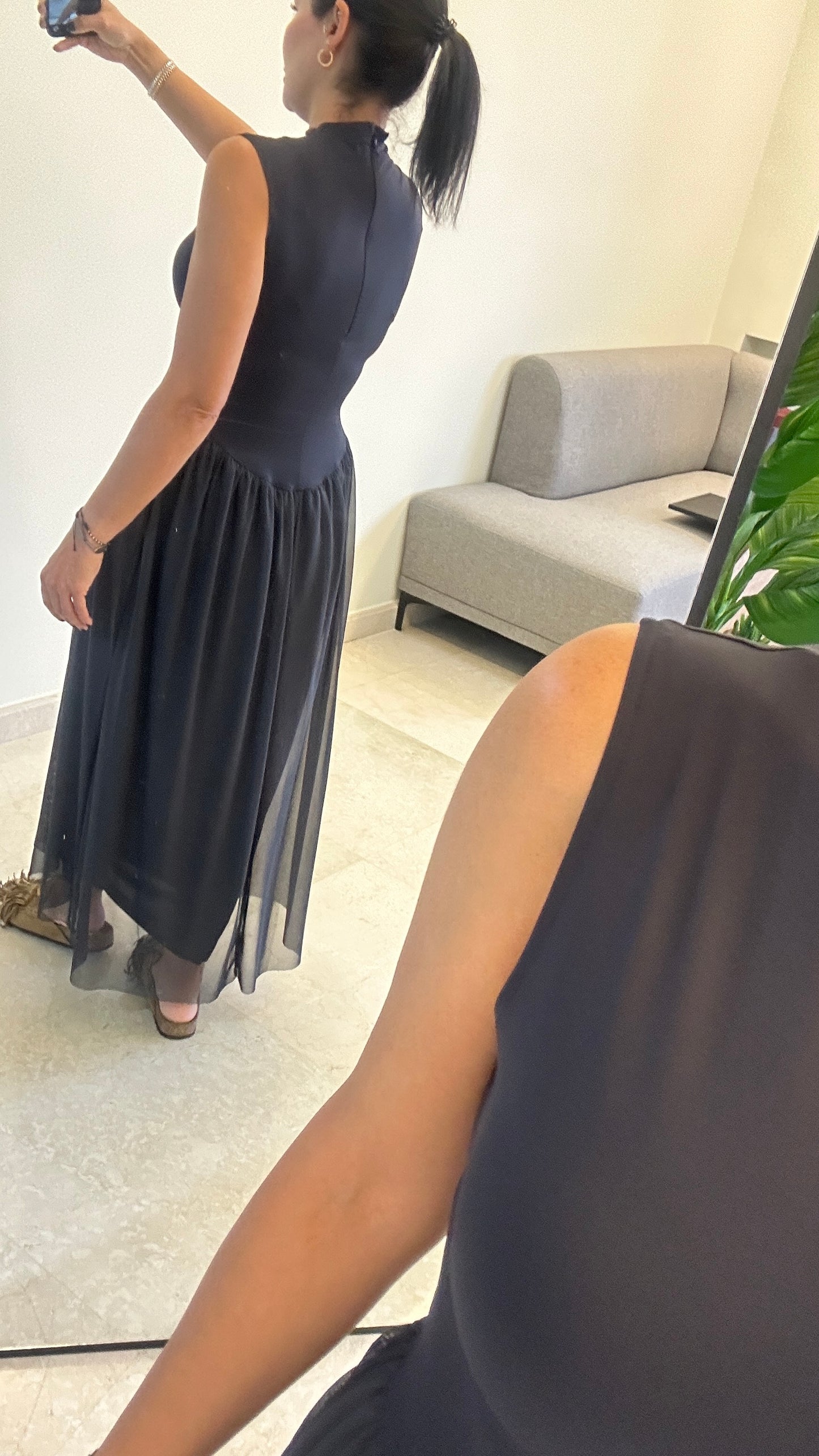 Elena Mock-Neck Mesh Maxi Dress – Navy Blue