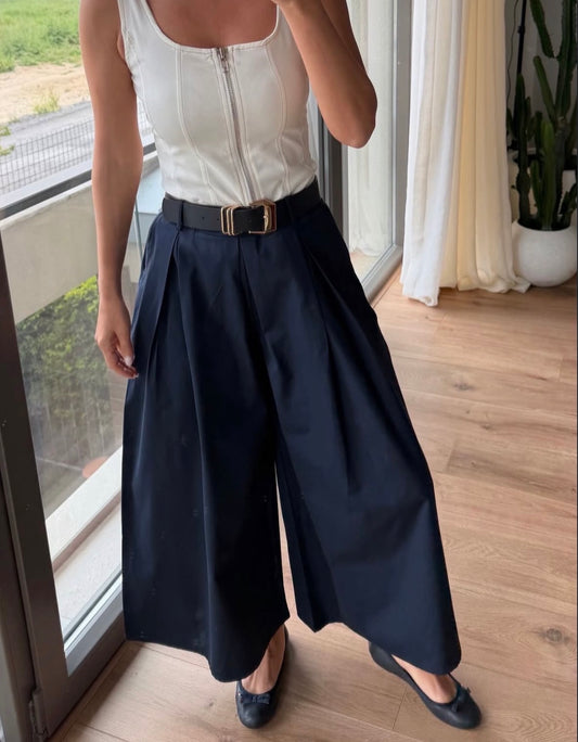 Tailored Palazzo Culotte Pants with Contrast Belt - Deep Navy -
