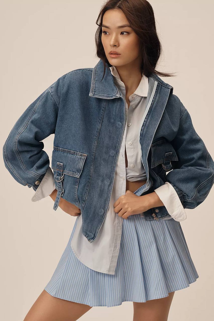 The Smocked Hem Denim Bomber Jacket