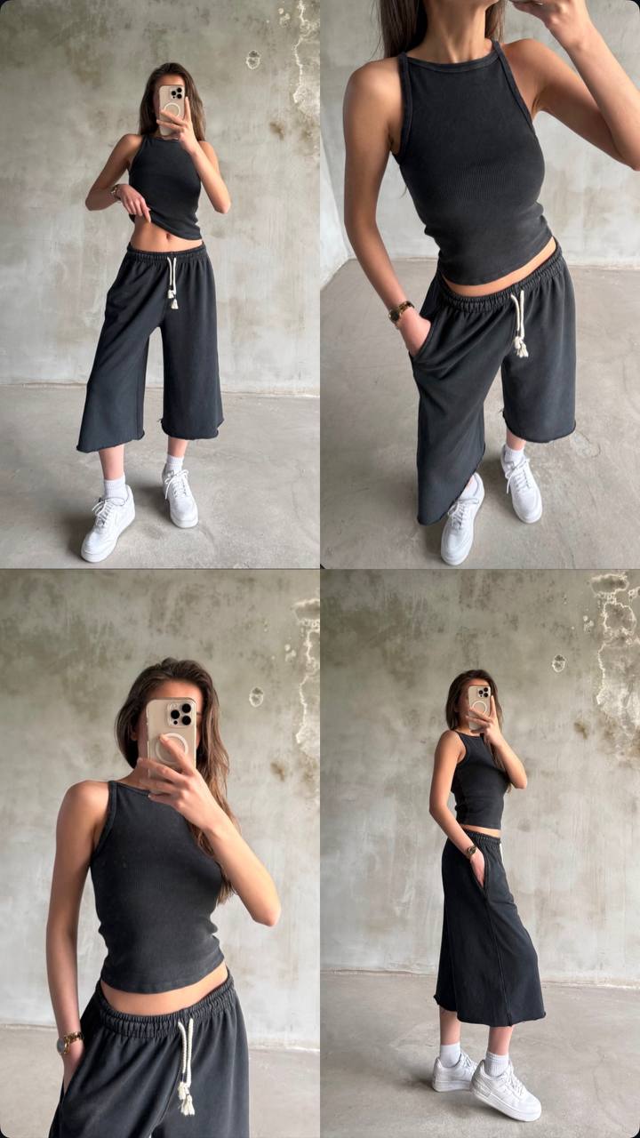 Cotton Lounge Set: Ribbed High-Neck Tank & Cropped Wide-Leg Sweatpants - Black Color -
