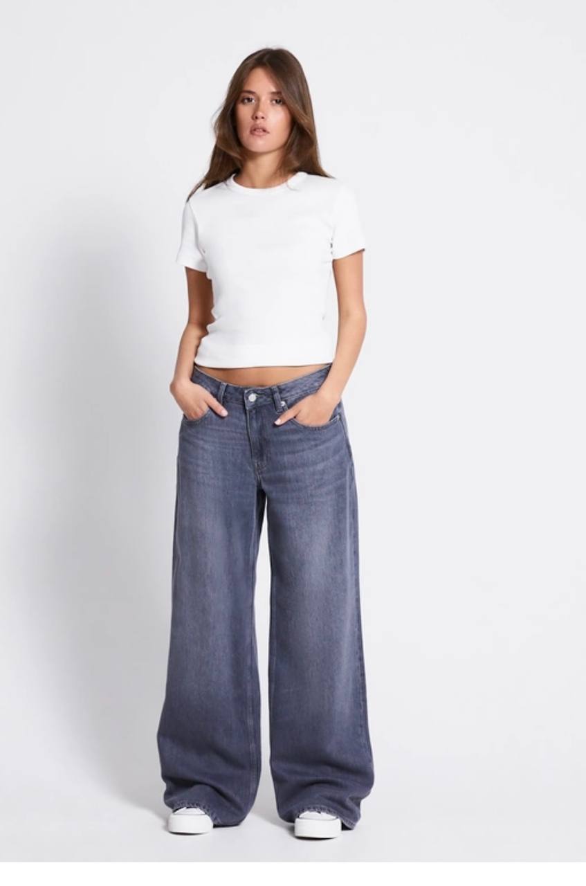 Mid-Rise Wide-Leg Denim Jeans Grey Color
