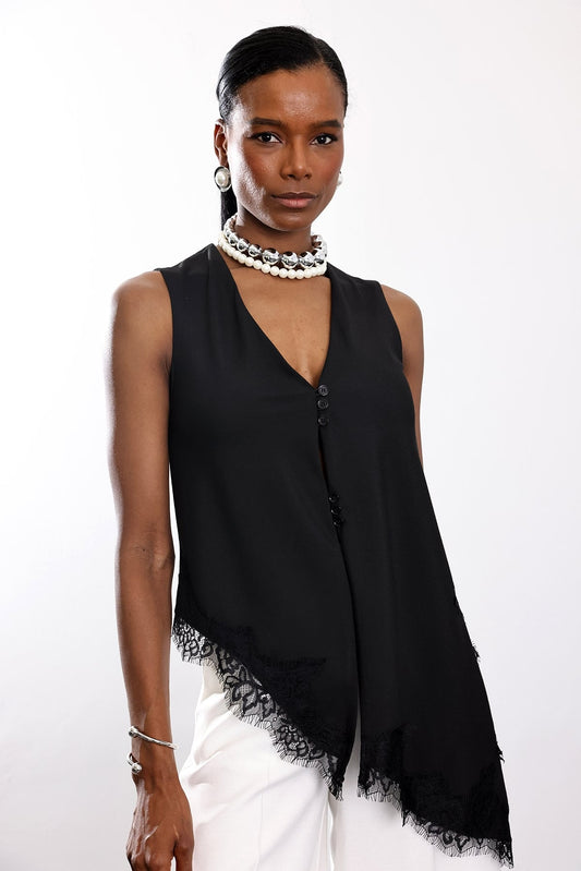 The Asymmetric Lace-Trimmed Vest -Black Color-