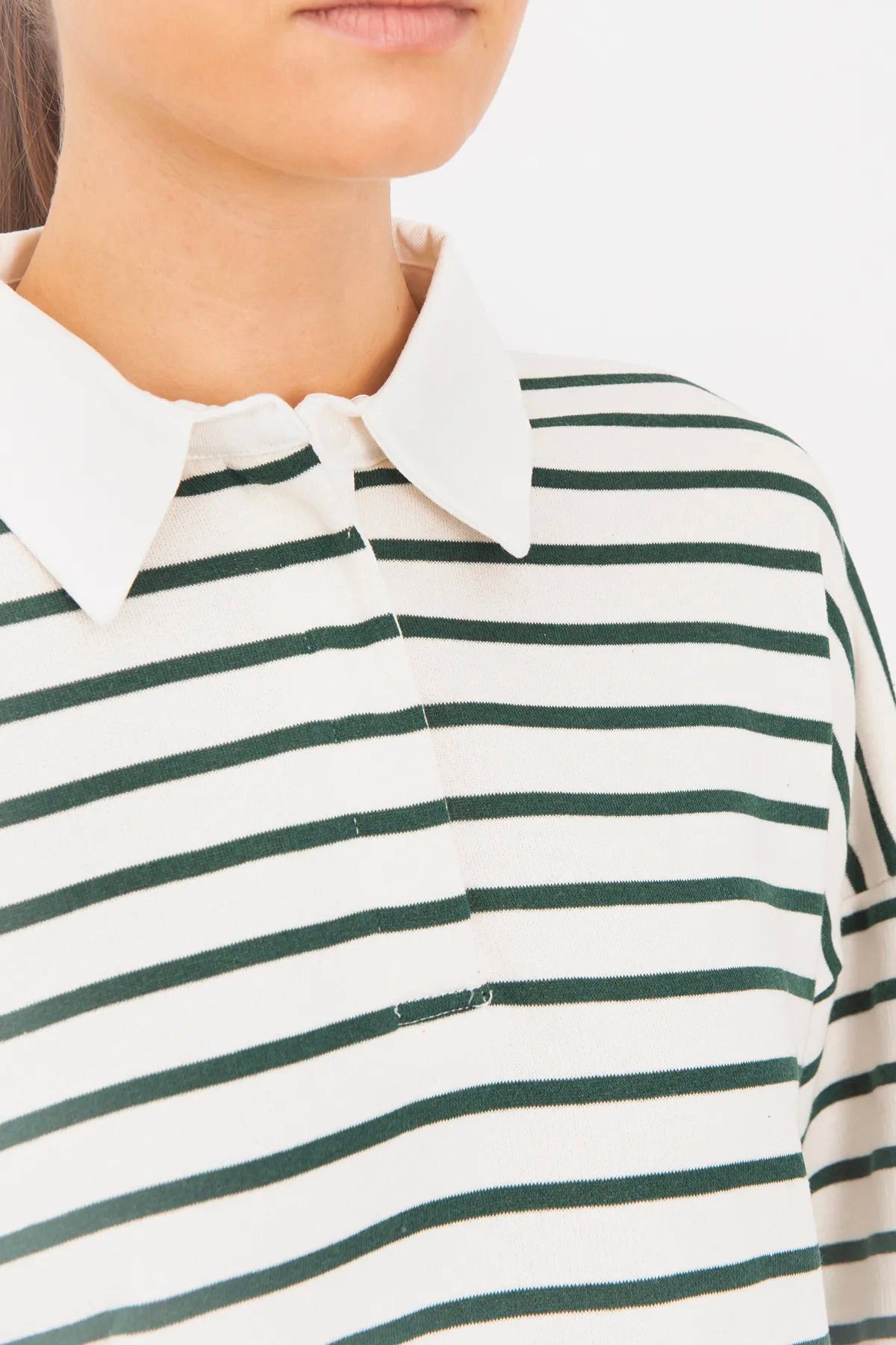 Polo Neck Green Striped Long Sleeve Women's Sweatshirt