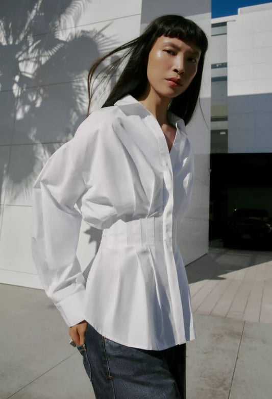 Sculpted Waist Poplin Shirt -White Color-
