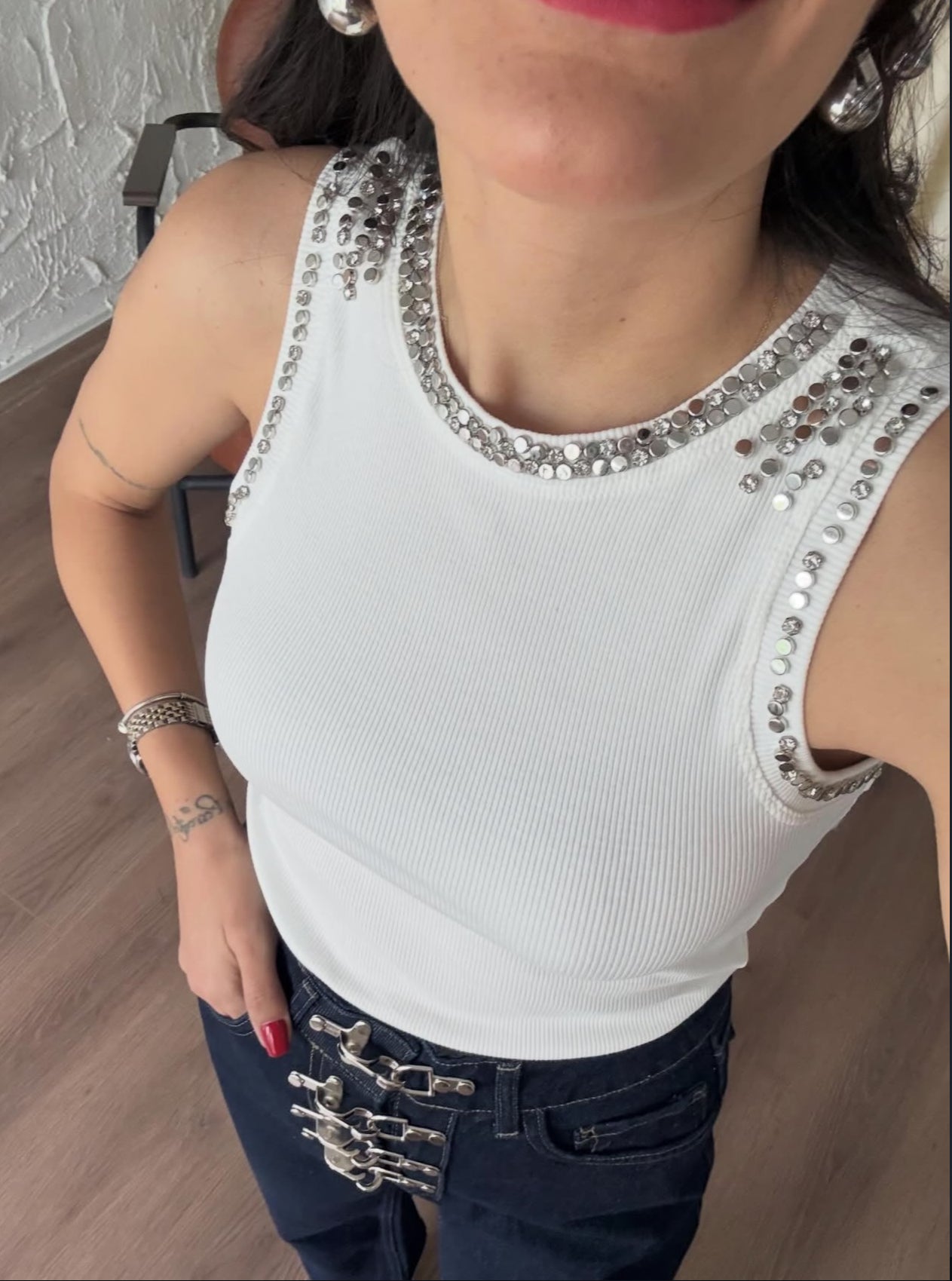 The Shimmer Knit Glam Tank -White Color-