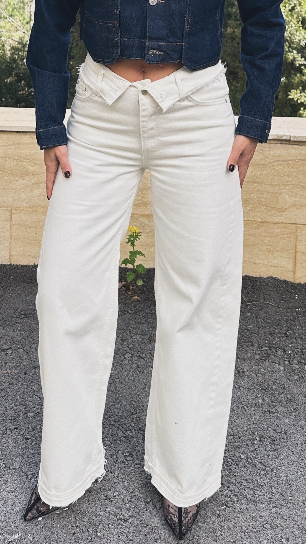 Asymmetric Fold-Over Mid to High-Rise Wide Leg Jeans