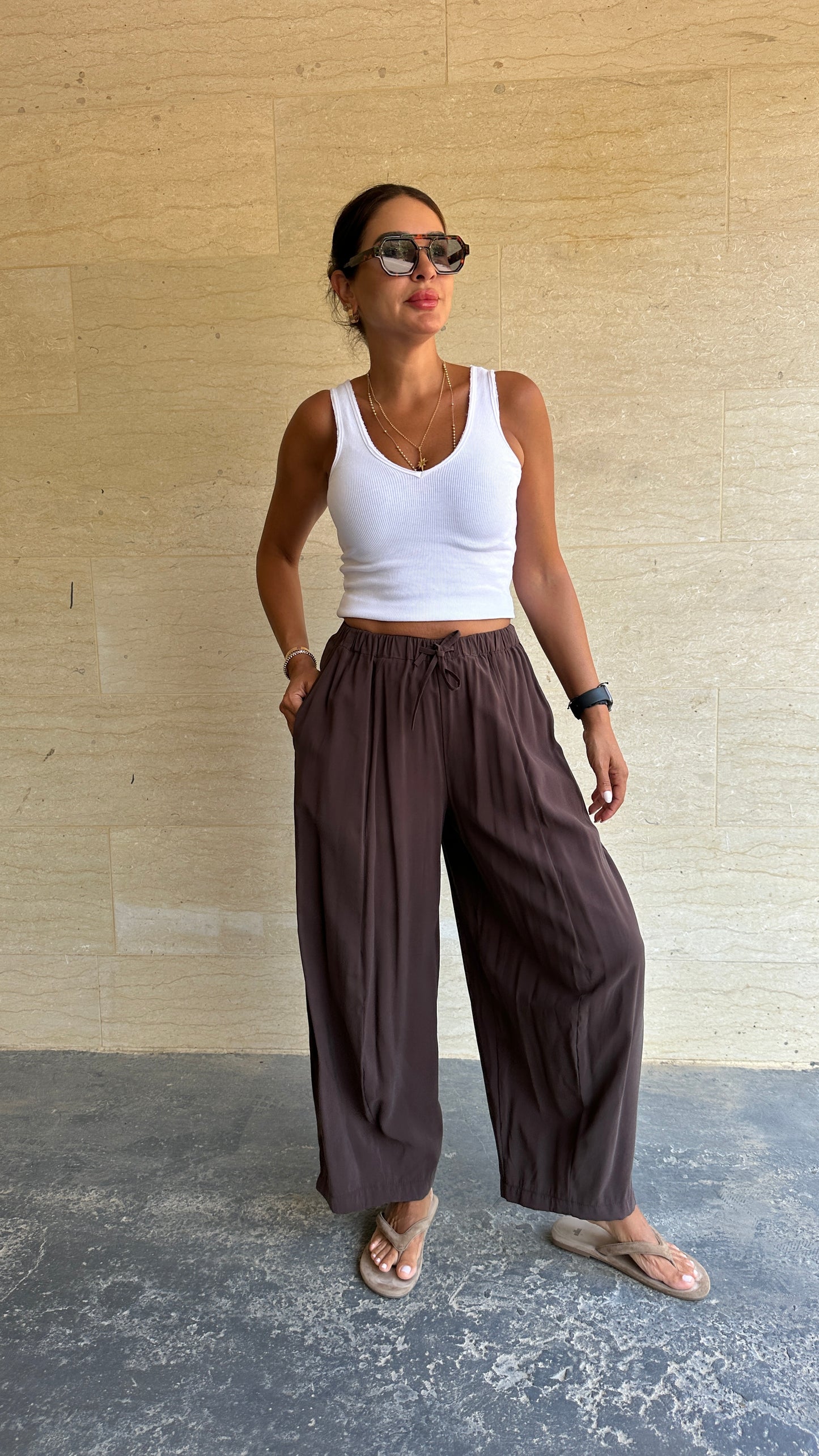 Relaxed Drawstring Wide-Leg Pants - Chocolate Brown Color -