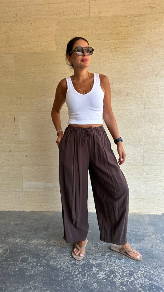 Relaxed Drawstring Wide-Leg Pants - Chocolate Brown Color -