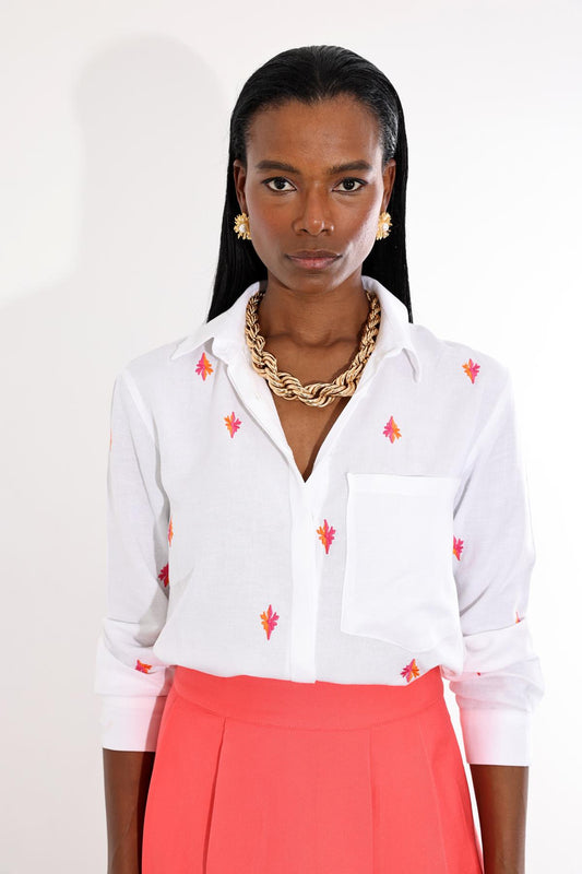 Embroidered Sunburst Linen Shirt White Color