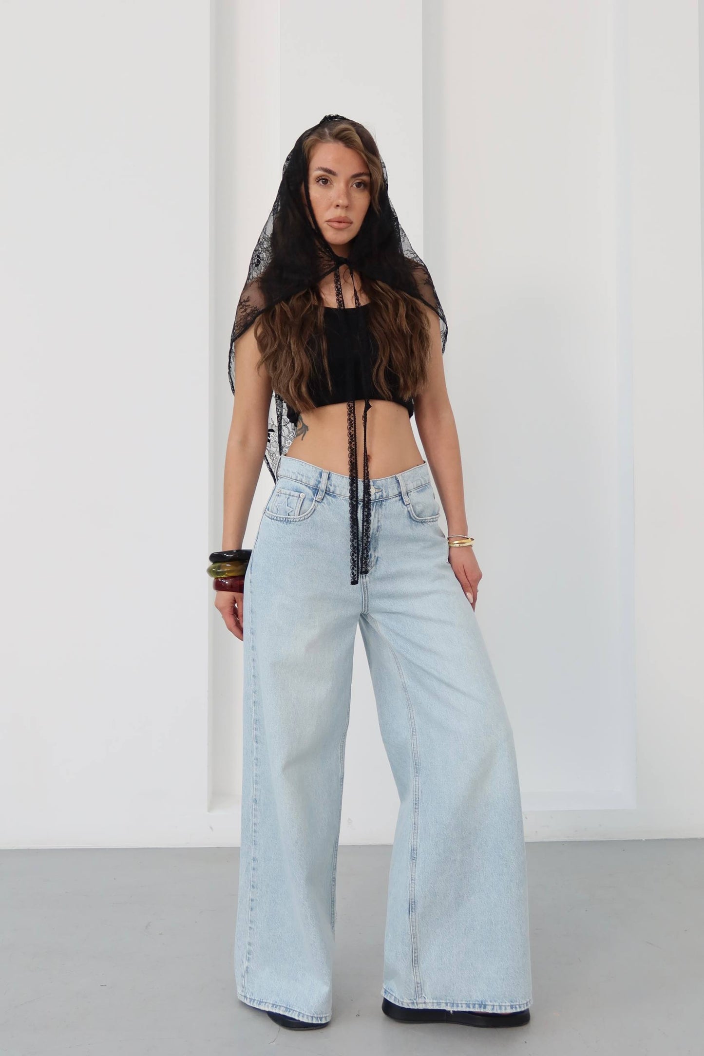 Retro Star-Pocket Palazzo Jeans – Light Acid Wash