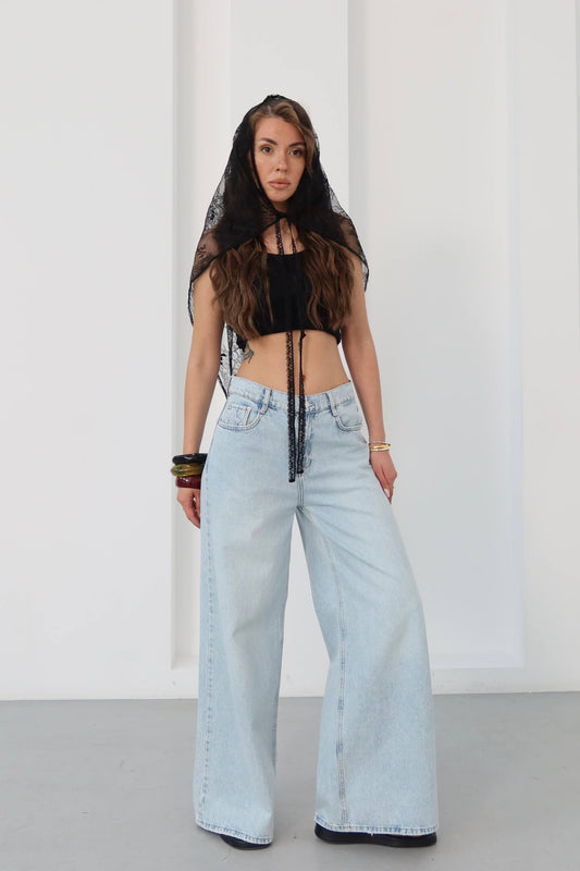 Retro Star-Pocket Palazzo Jeans – Light Acid Wash