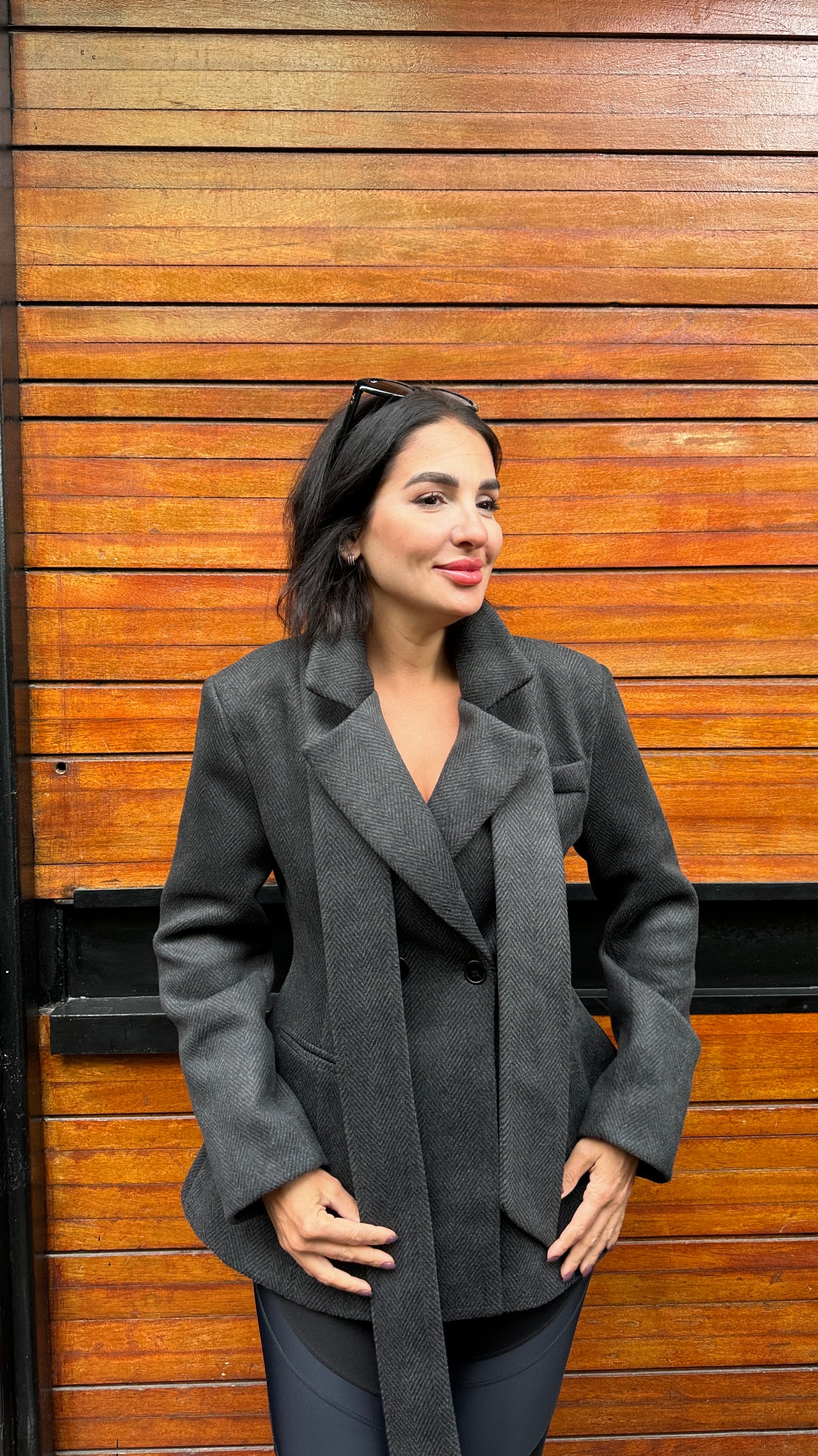 Blazer, Double-breasted, Flared Hem, Detachable Scarf - Dark Grey -Felt Fabric