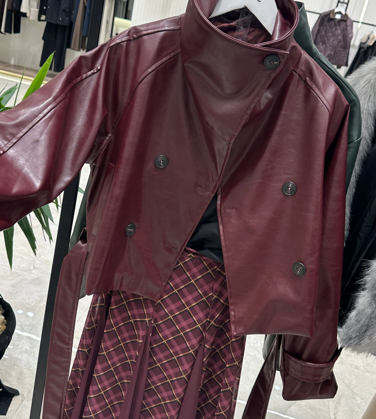 Burgundy Faux-Leather Cropped Trench Jacket