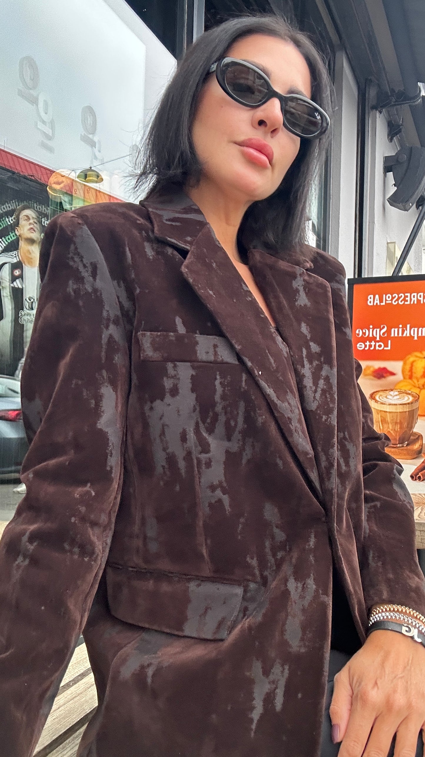 Velvet Blazer in Brown, Black color