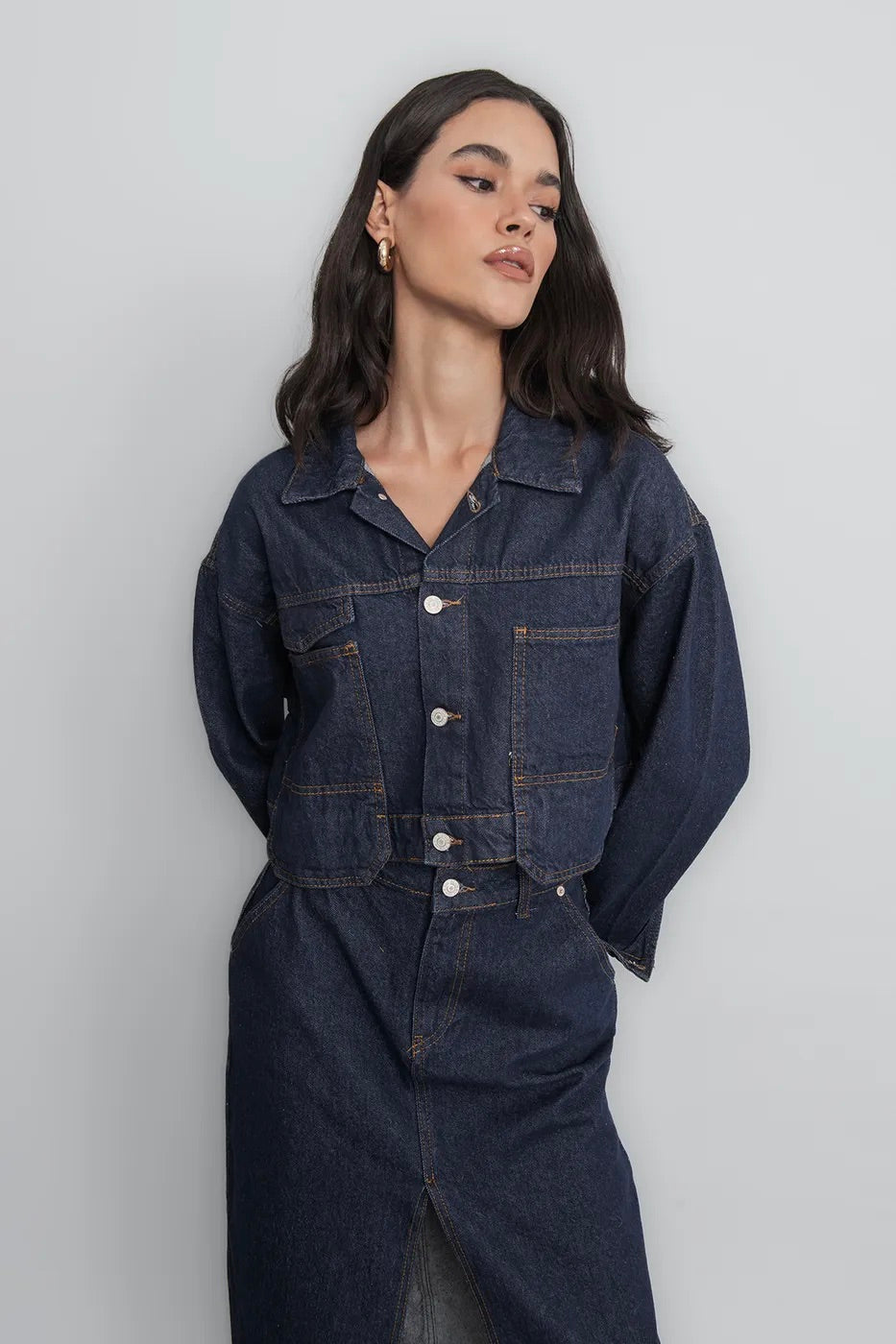 Crop Denim Jacket- Navy Blue - Oversized