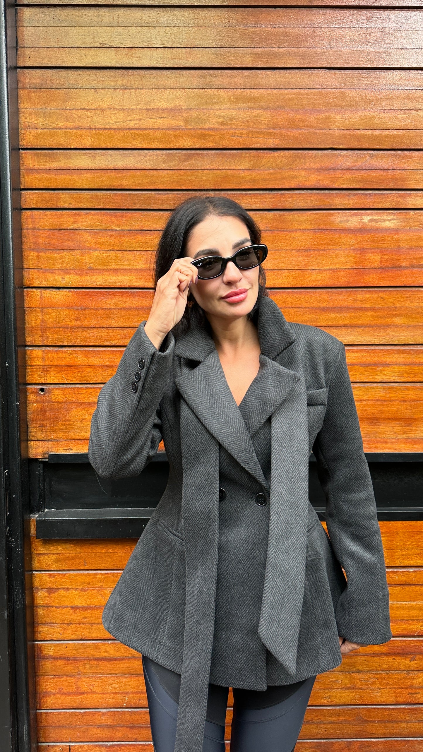 Blazer, Double-breasted, Flared Hem, Detachable Scarf - Dark Grey -Felt Fabric