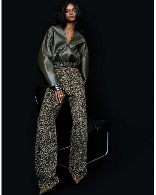 Frayed Denim Jeans straight-leg trousers with Eyelets - Mid Waist-Leopard Brown Color