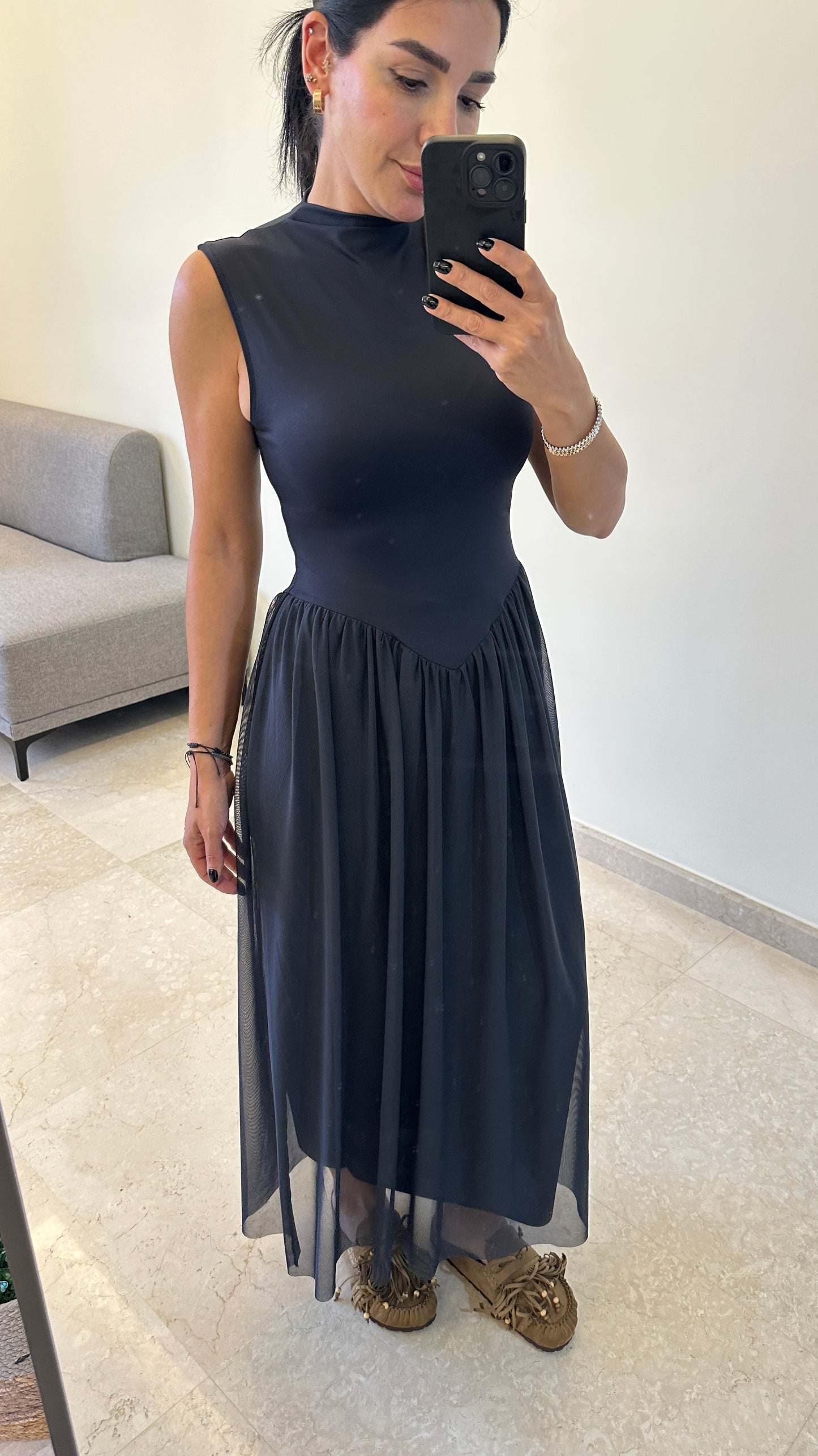 Elena Mock-Neck Mesh Maxi Dress – Navy Blue