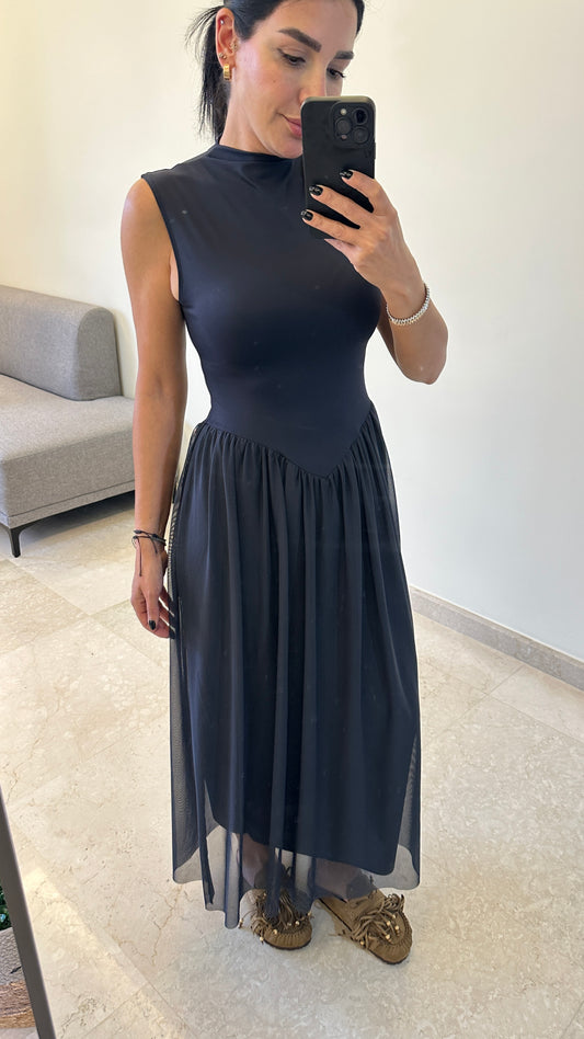 Elena Mock-Neck Mesh Maxi Dress – Navy Blue