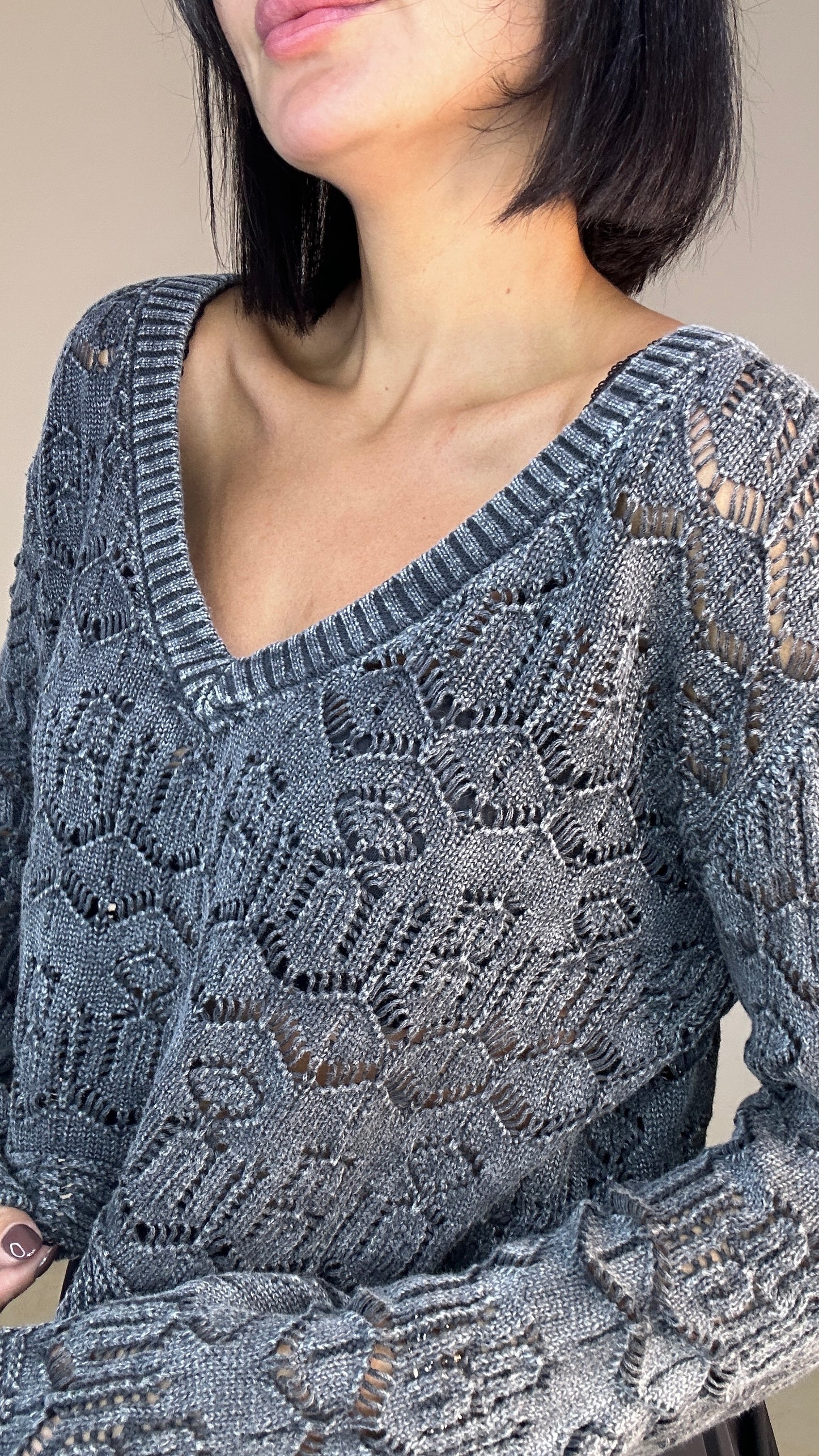 Crochet Pattern Sweater Top - Grey Color -