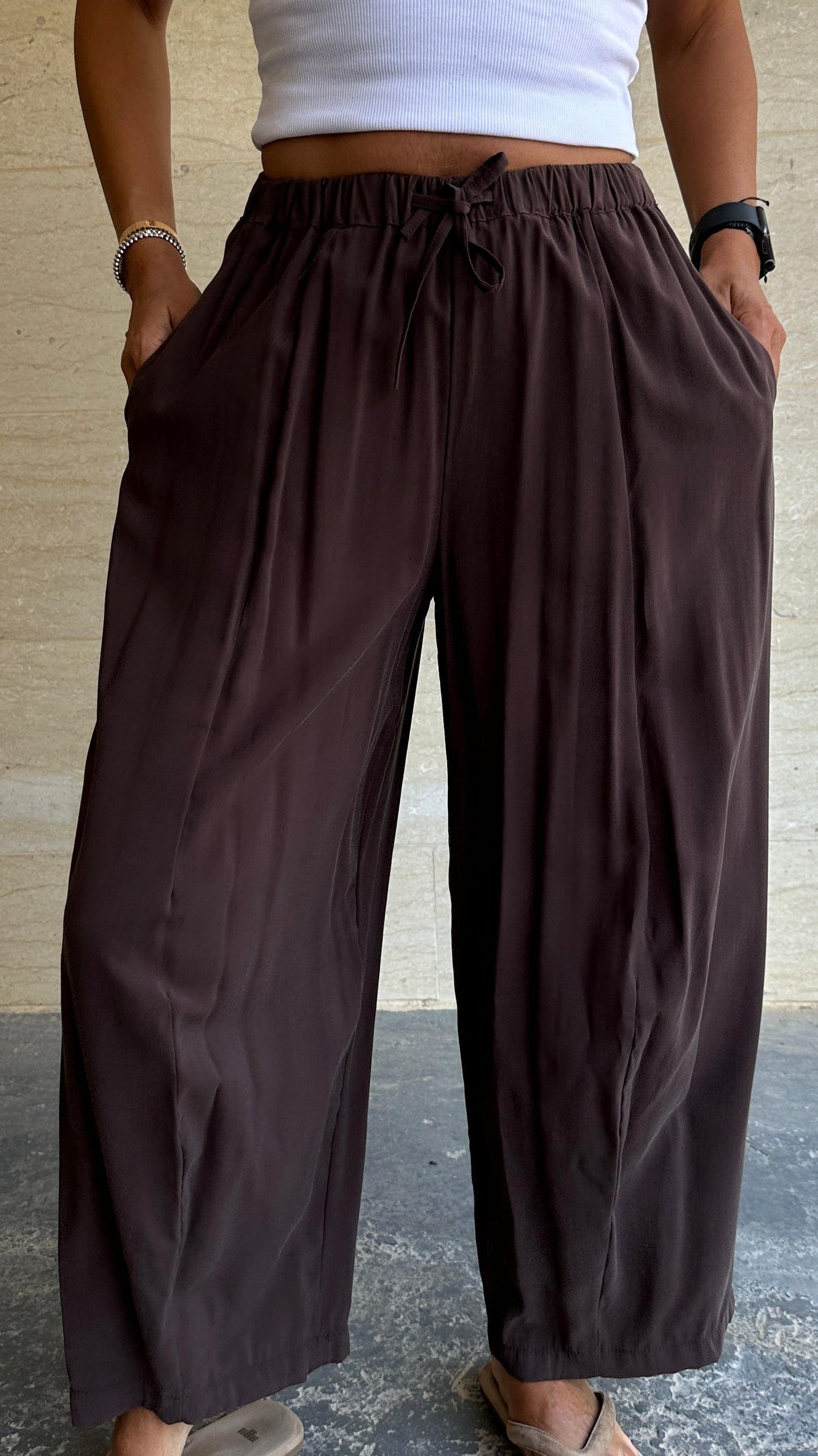 Relaxed Drawstring Wide-Leg Pants - Chocolate Brown Color -
