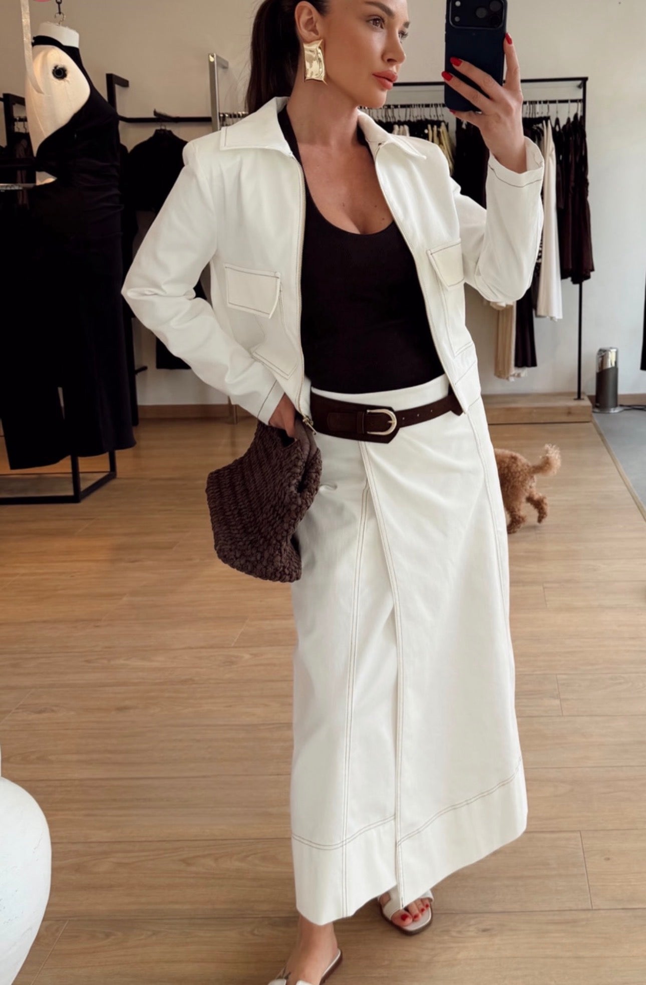 Avery Contrast-Stitch Maxi Skort Denim - White Color- with Belt