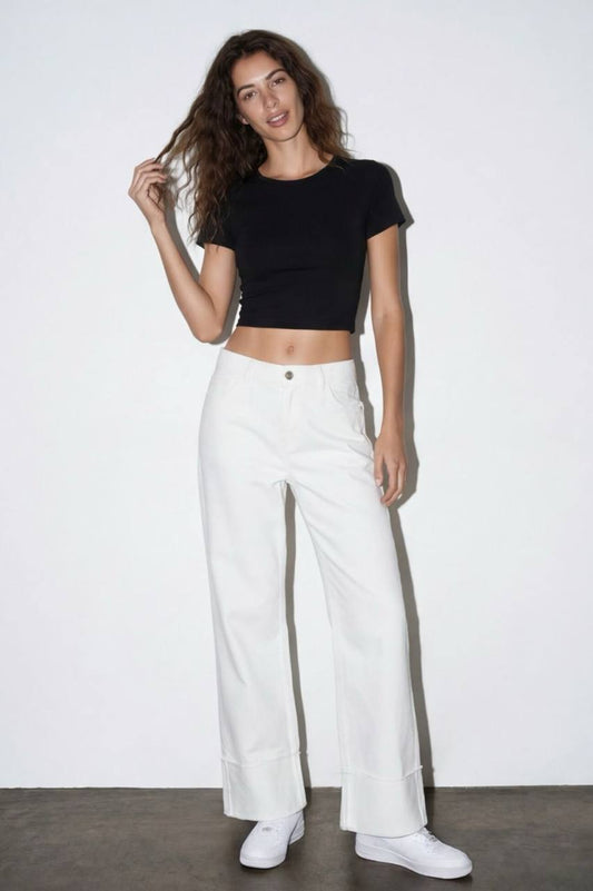 Wide-Leg Folded Cuff Jeans in Off-White