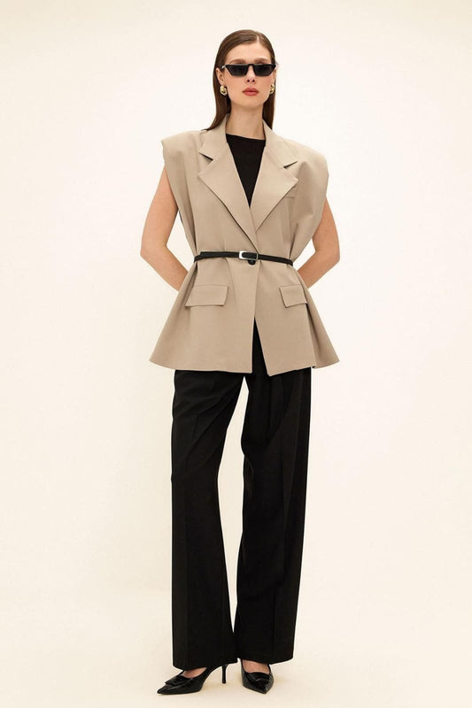 Blazer Vest - Beige Color - With Belt