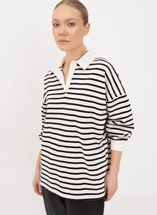 Polo Neck Black Striped Long Sleeve Women's Sweatshirt