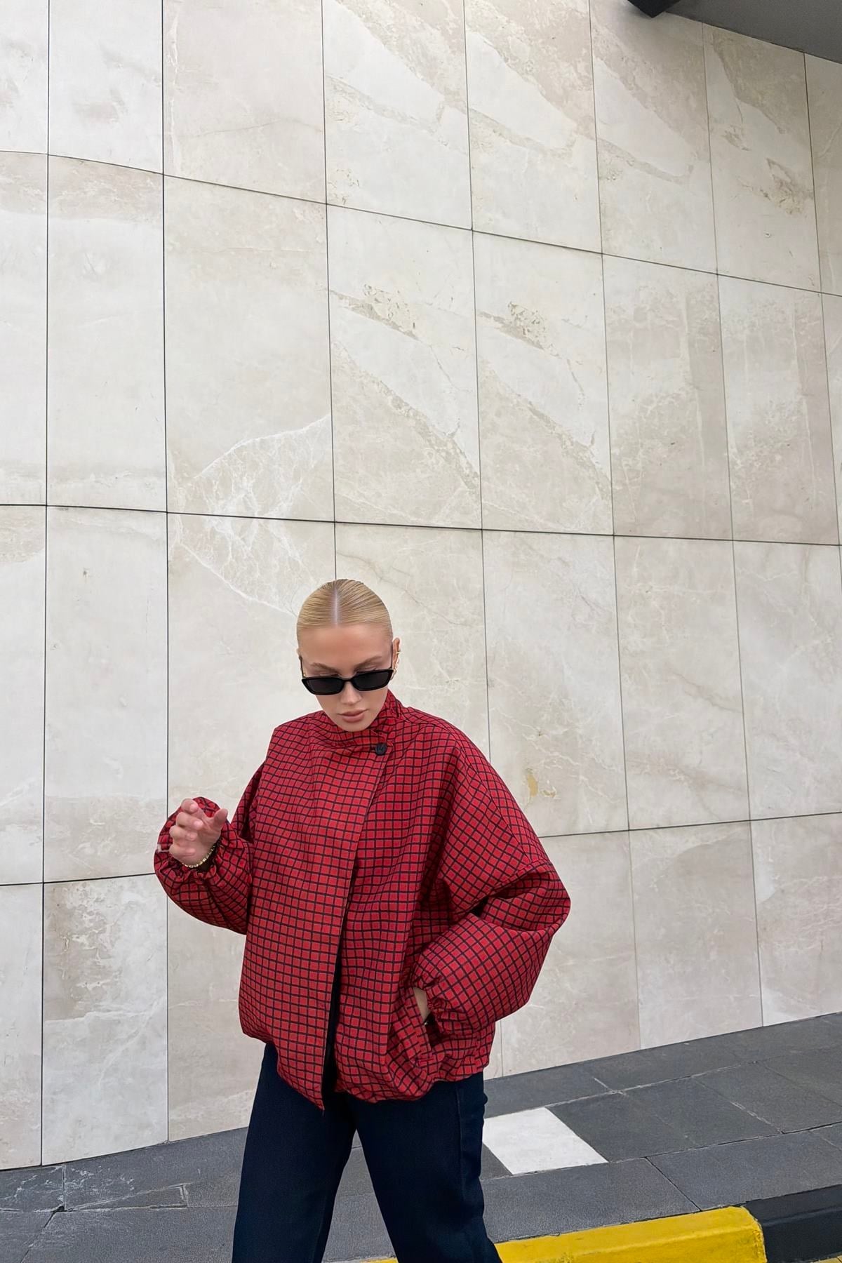 Red Grid Plaid High-Neck Bomber Jacket