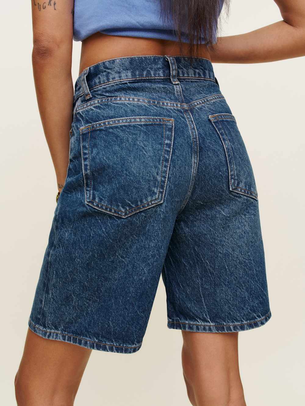 Tailored Wide-Leg Denim Bermuda Shorts