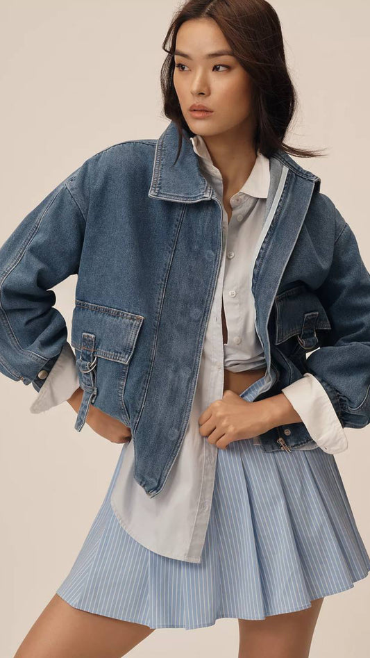 The Smocked Hem Denim Bomber Jacket