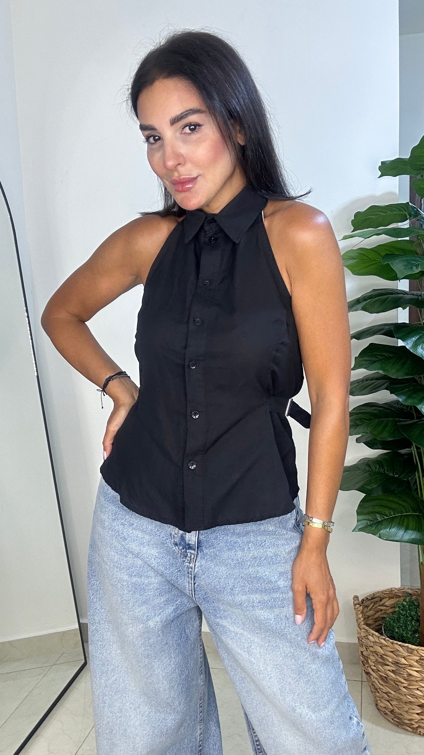Halter Top - Black Color - Linen
