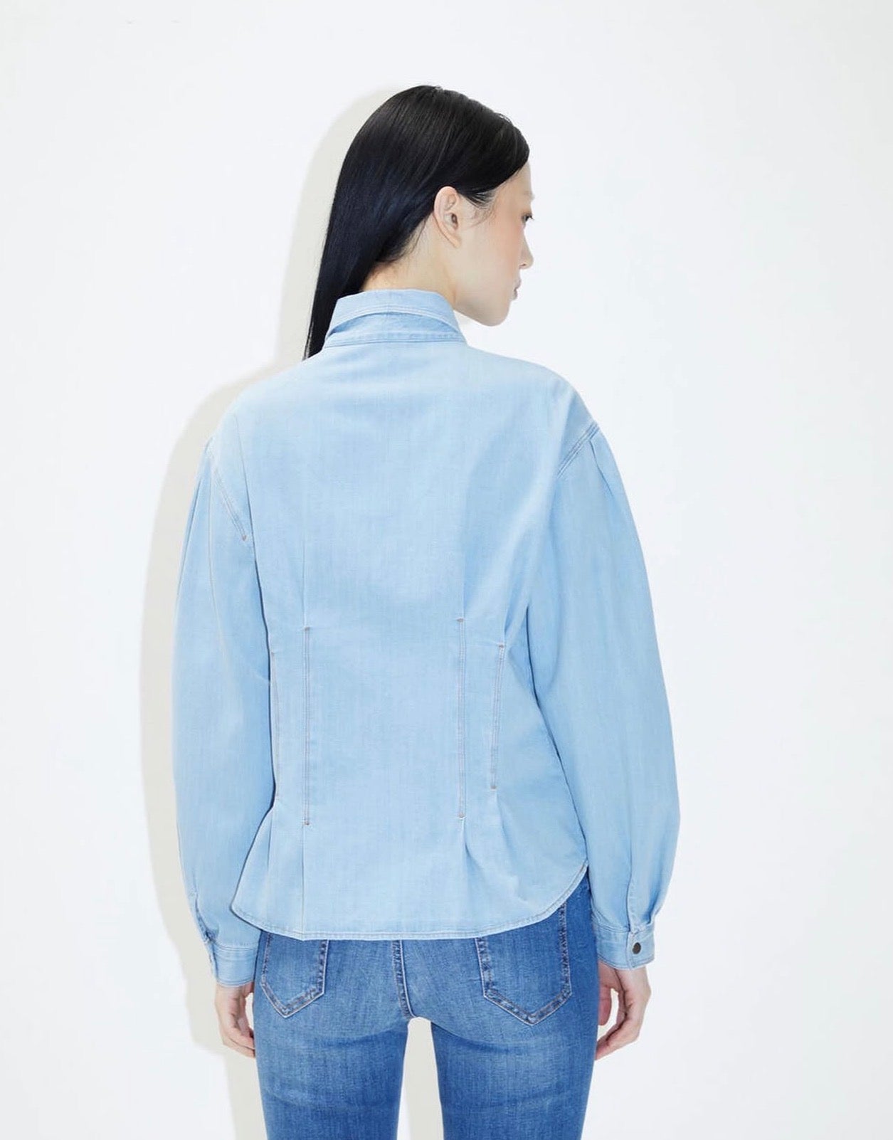 Light Wash Pleated Denim Blouse with Bishop Sleeves