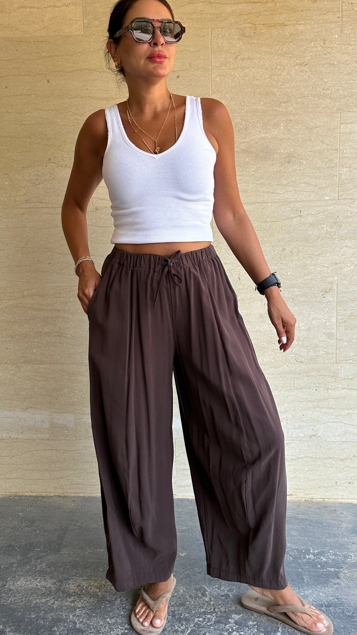 Relaxed Drawstring Wide-Leg Pants - Chocolate Brown Color -