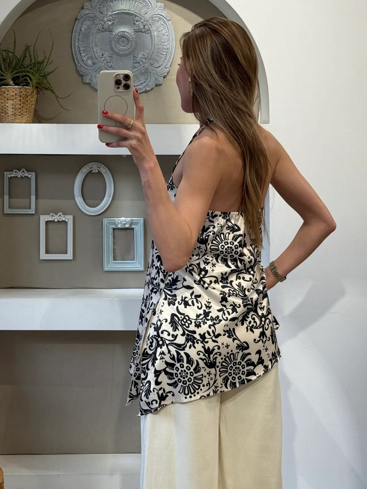 Monochrome Floral Satin Halter Top with Asymmetric Hem