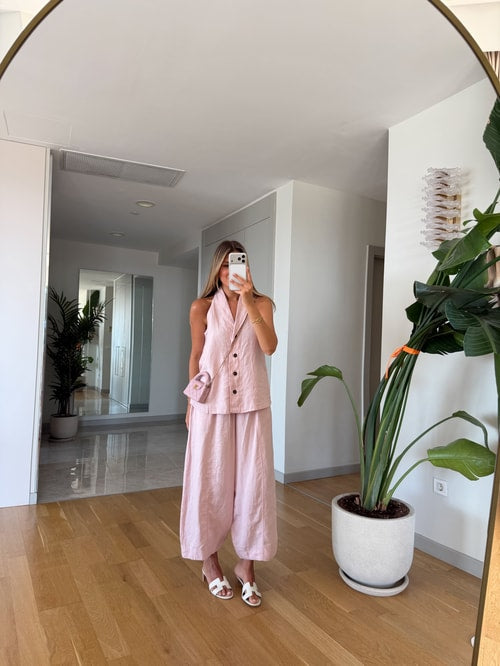 The Resort Halter & Wide-Leg Linen Set in Powder Pink